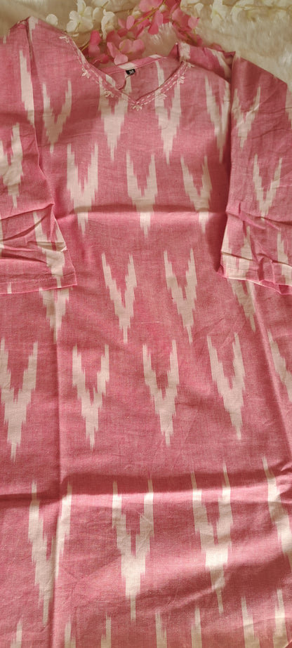 Pink Ikkat cotton short top with thread work on neck