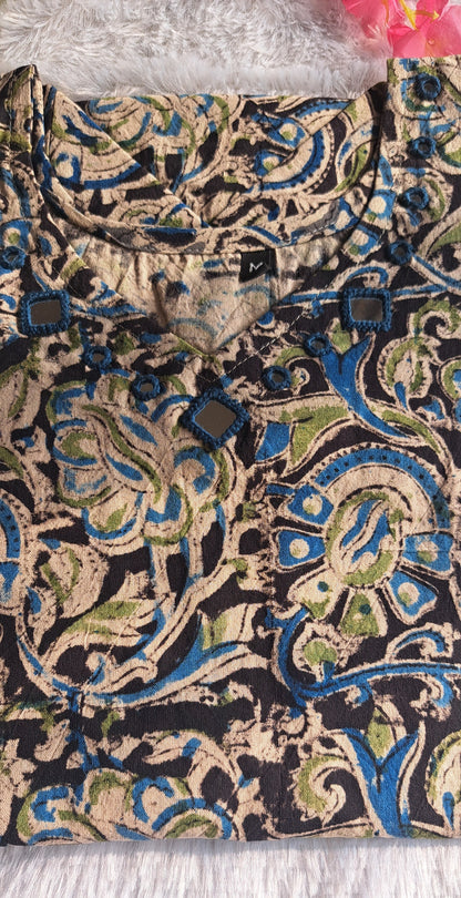 Blue  black and green kalamkari cotton short top with mirror work