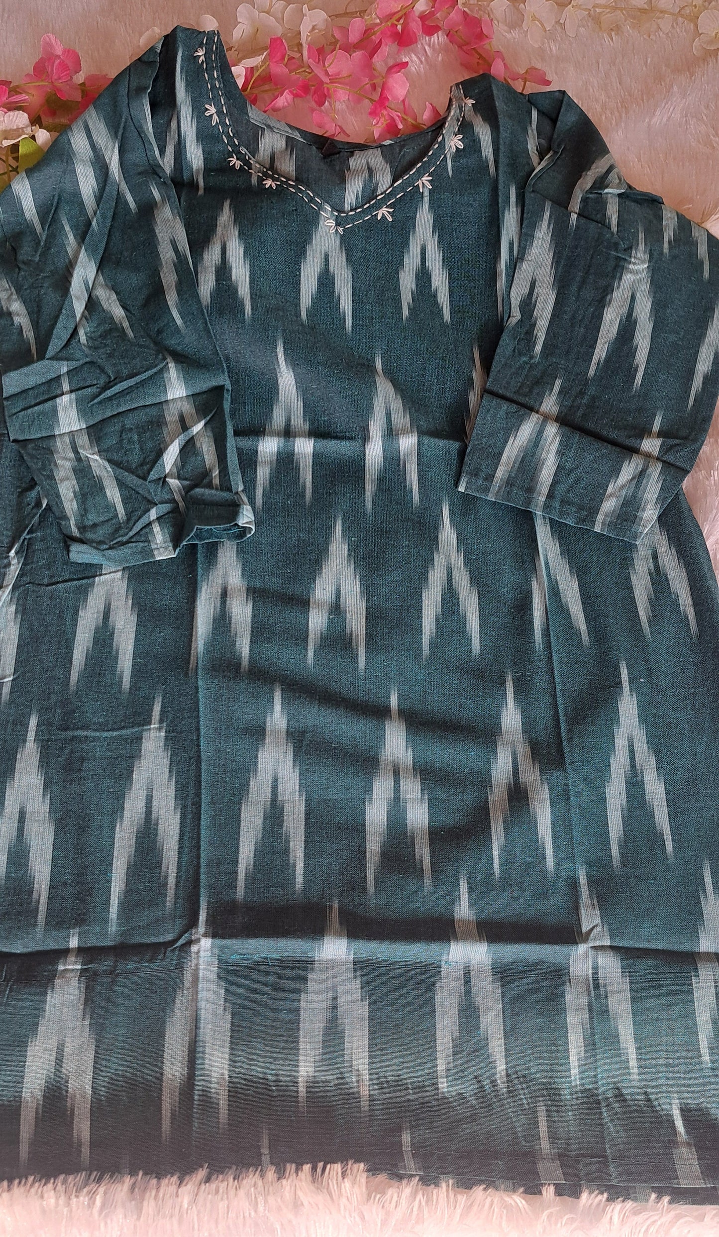 Dark Green Ikkat cotton short top with thread work on neck