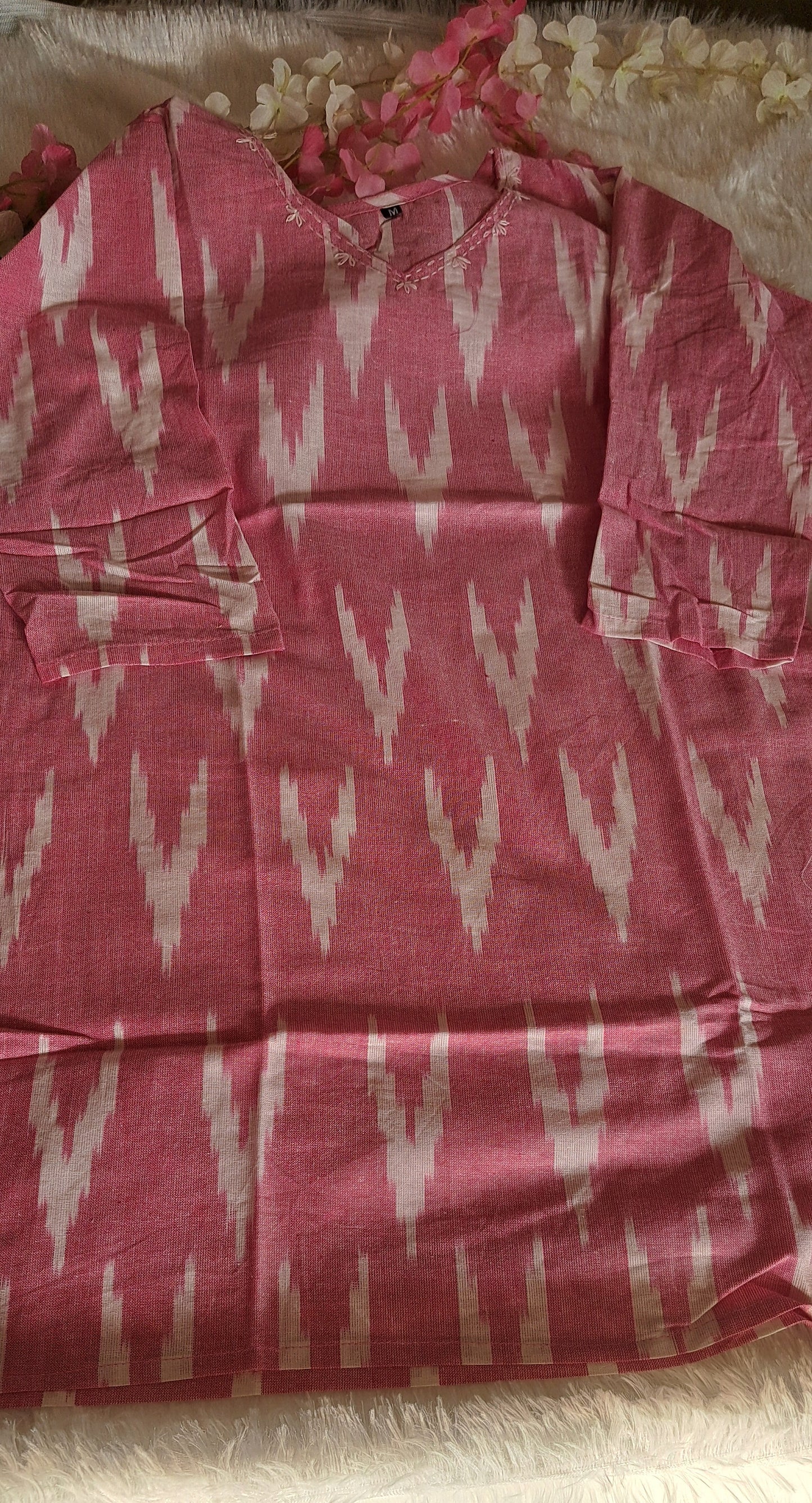 Pink Ikkat cotton short top with thread work on neck