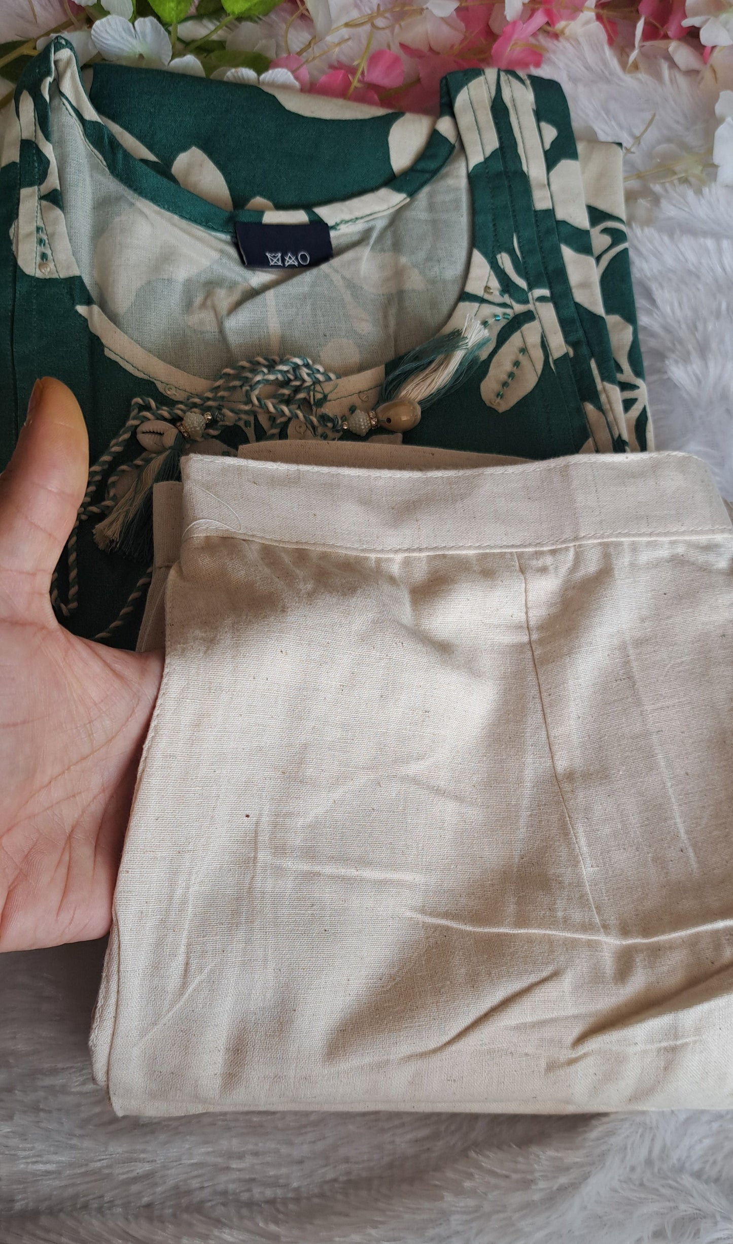 Green coords with thread work and patch work on pant