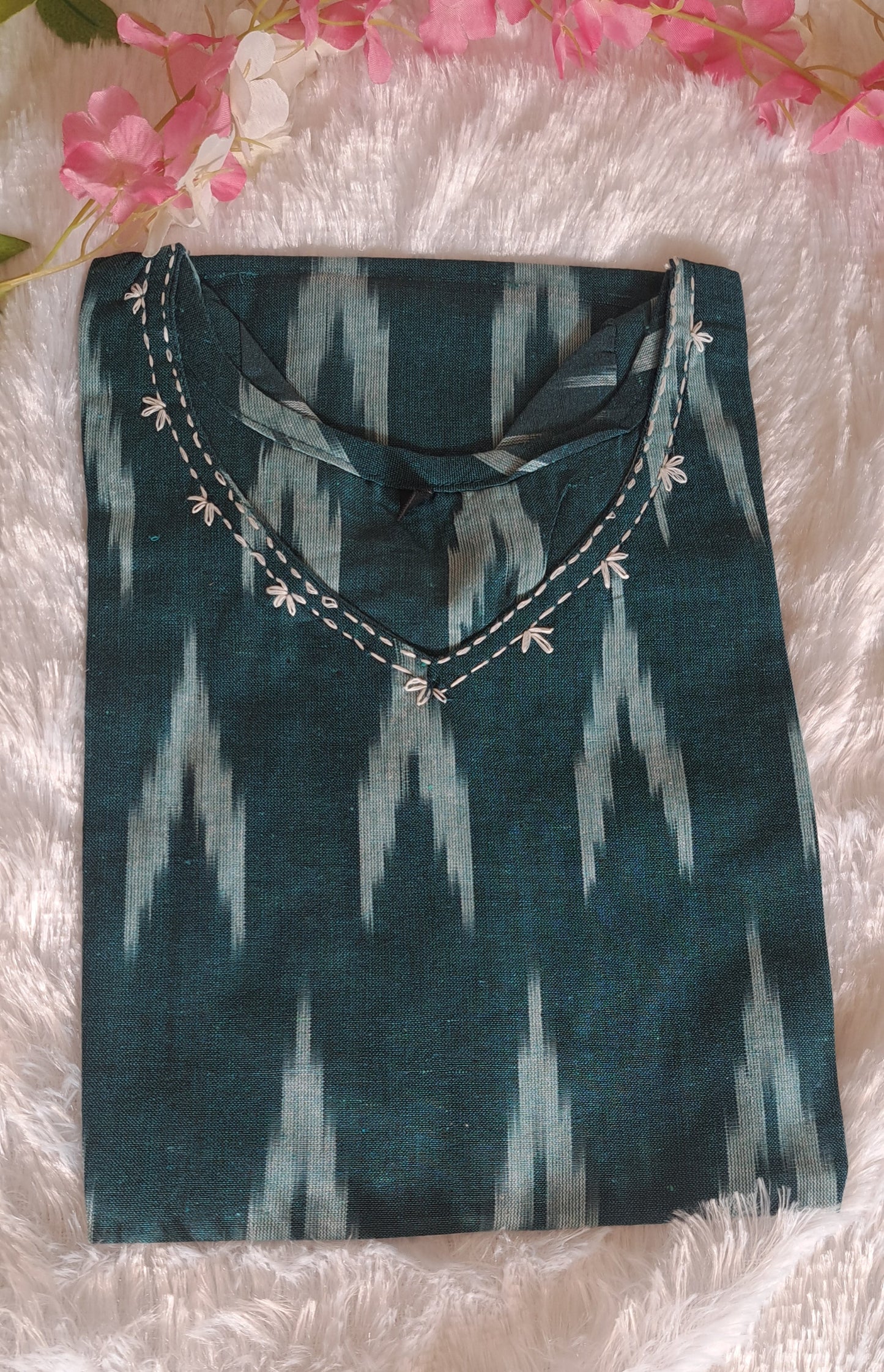 Dark Green Ikkat cotton short top with thread work on neck