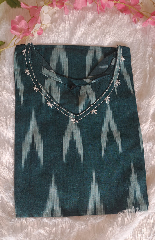 Dark Green Ikkat cotton short top with thread work on neck