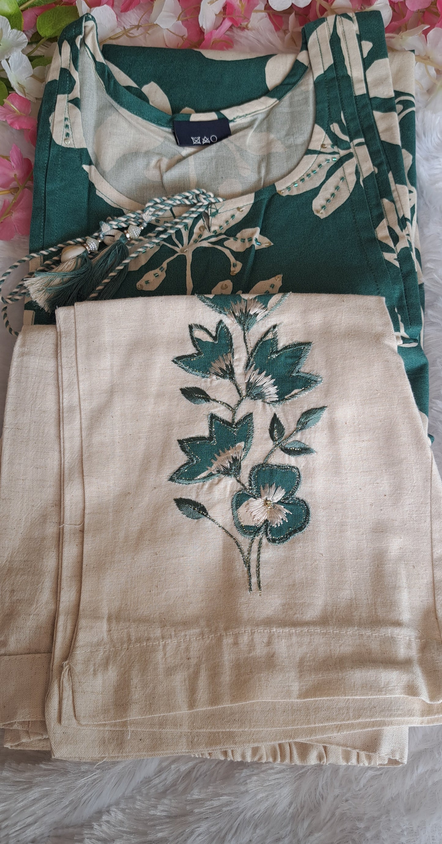 Green coords with thread work and patch work on pant