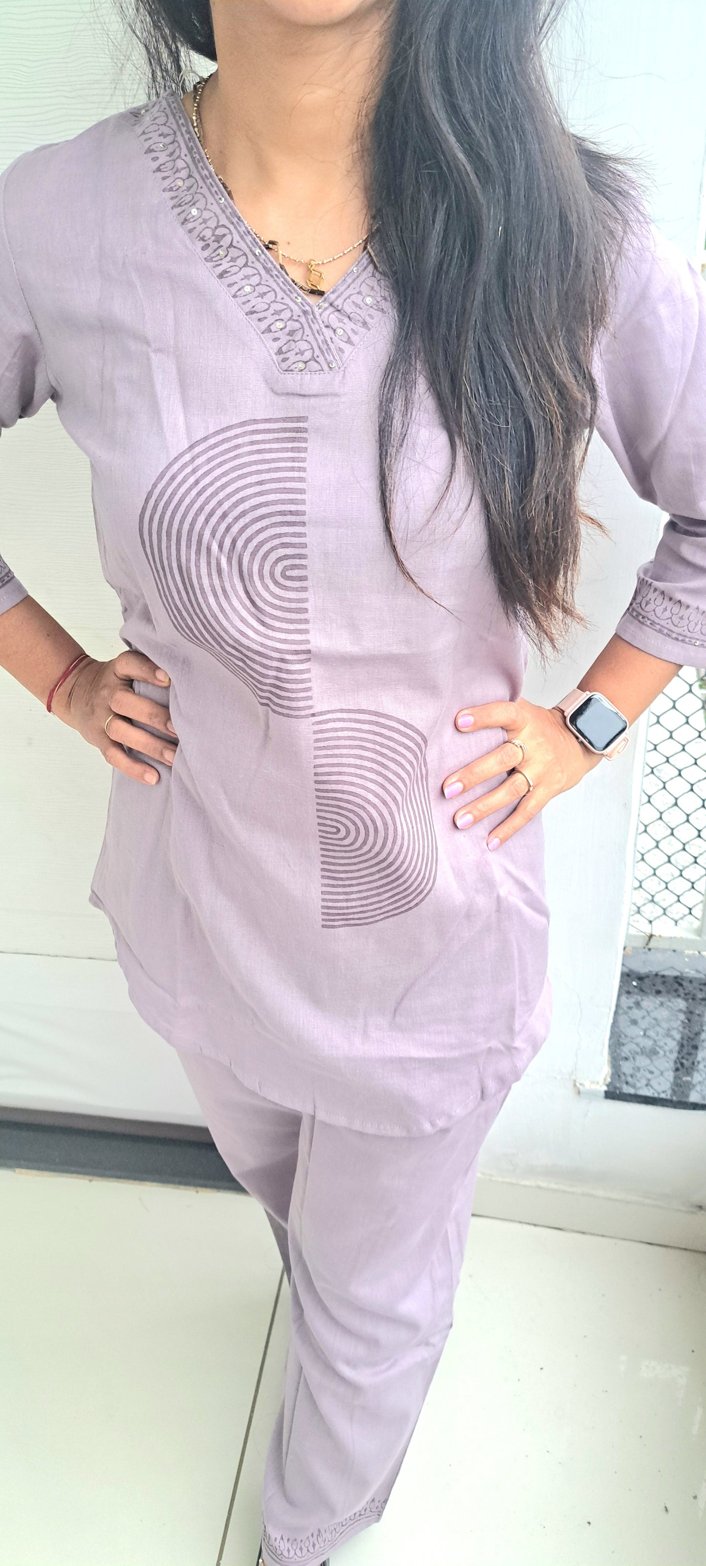 Light Purple cotton flax coords with block prints