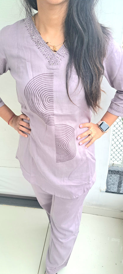 Light Purple cotton flax coords with block prints