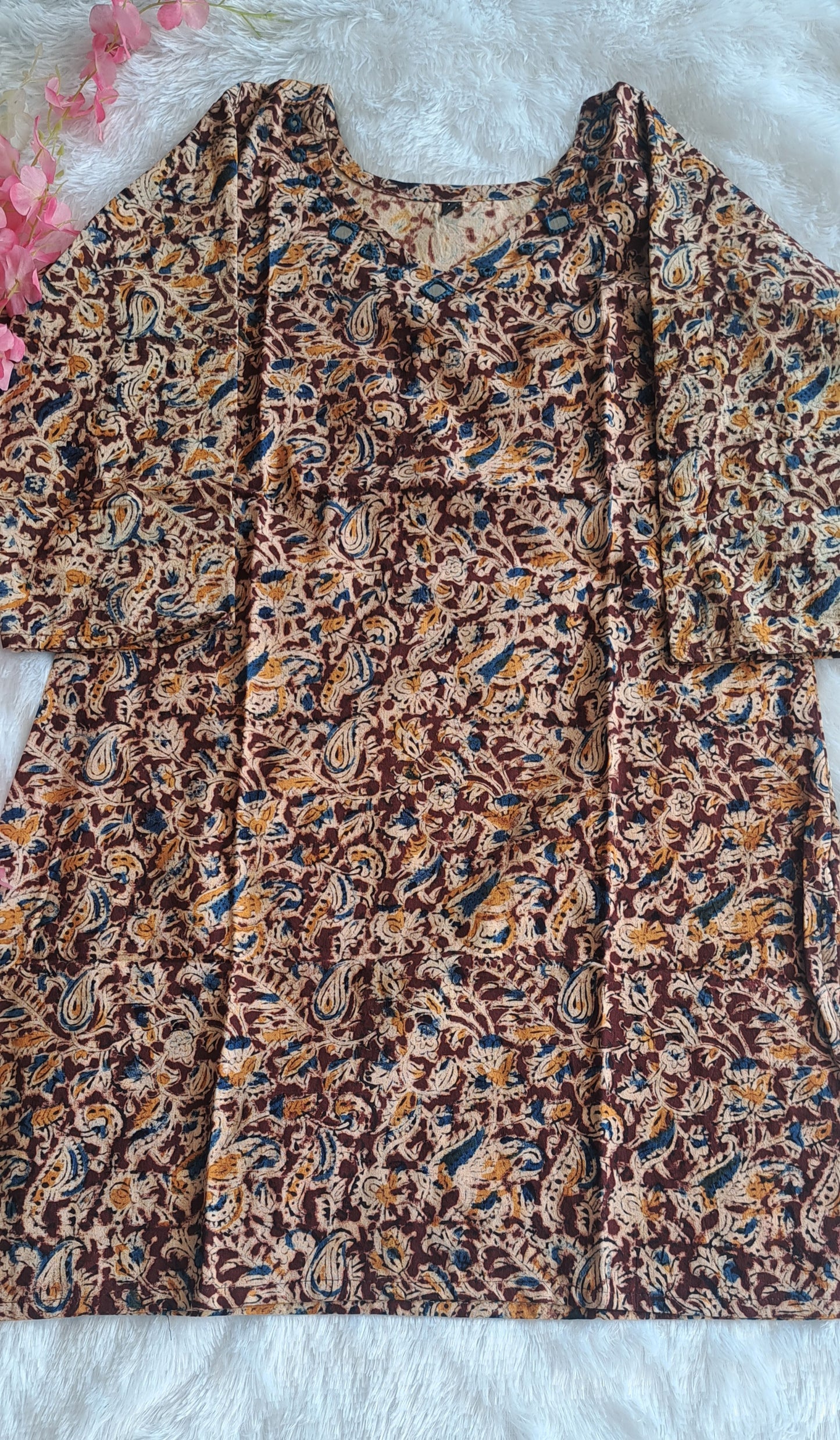 Mustered and maroon kalamkari cotton short top with mirror work