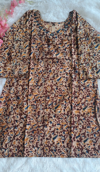 Mustered and maroon kalamkari cotton short top with mirror work