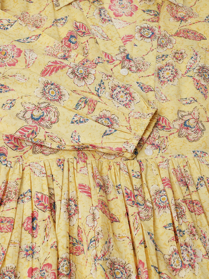 Sunshine Blooms: Yellow Floral Printed Cotton Dress