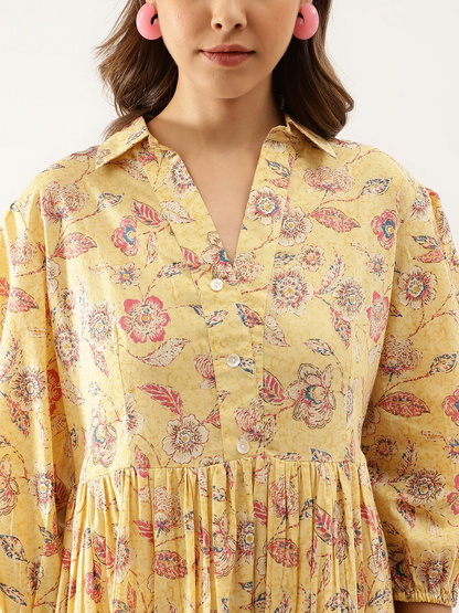 Sunshine Blooms: Yellow Floral Printed Cotton Dress